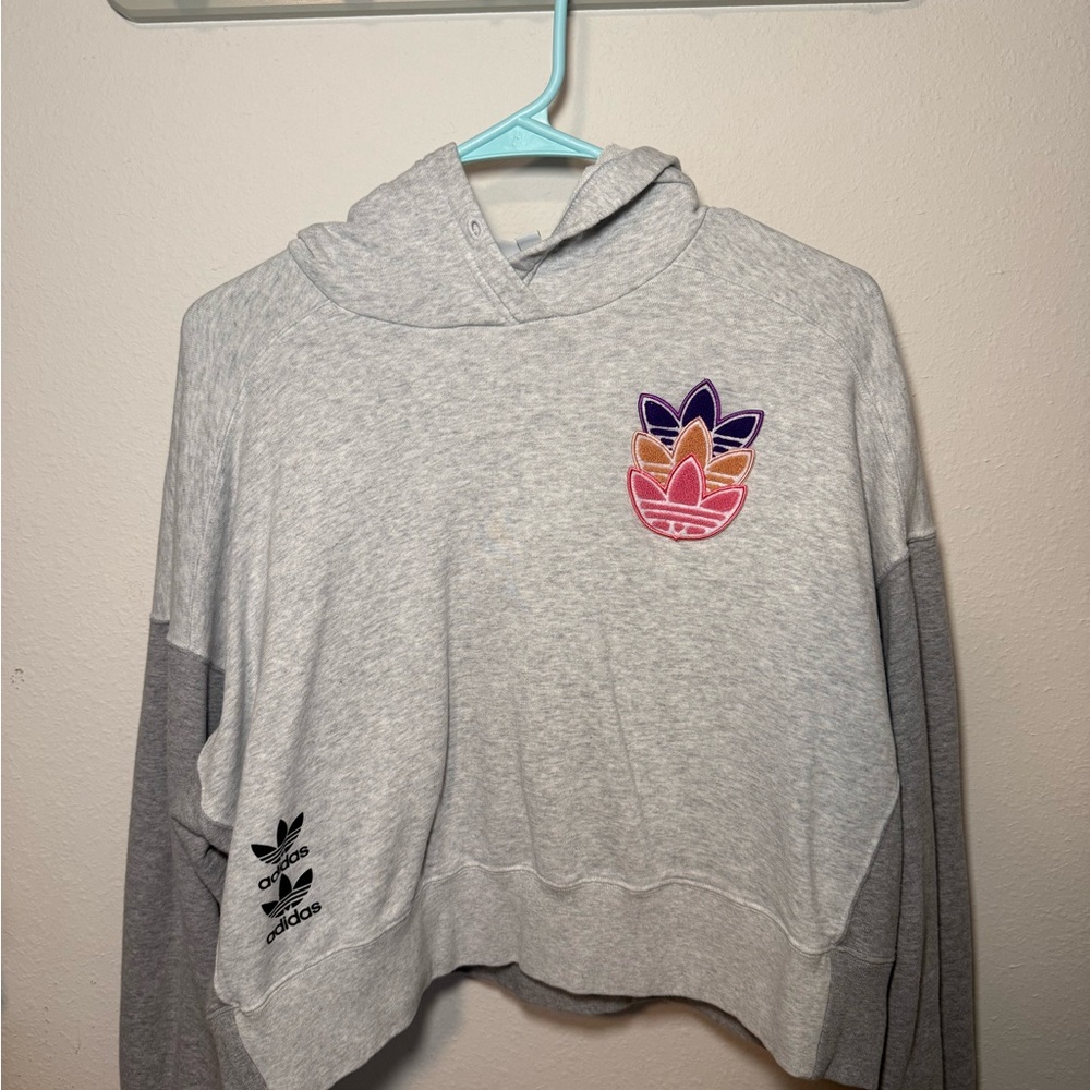 Adidas Women's Light Gray Hoodie with Multicolor Logo